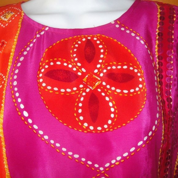 NEW * Diane Gilman 100% SILK s/s ORANGE Hot PINK Sequin TUNIC Top * sz S or M - Picture 2 of 8